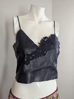 Zara Faux Leather Crop Top Black Embroidered Cami Y2K Style S